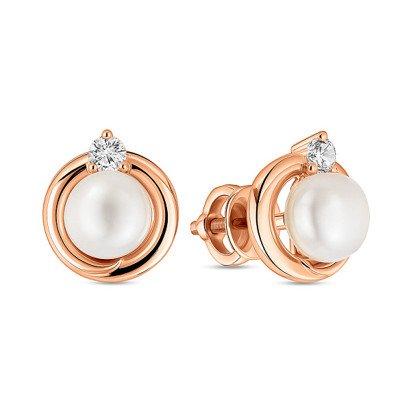 Золотые серьги с жемчугом и фианитами (арт. 110895) – изображение 1