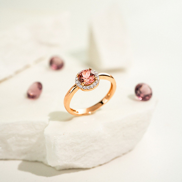 Каблучка золота з рожевим кварцом і фіанітами (арт. 141152ПрГ) – зображення 2