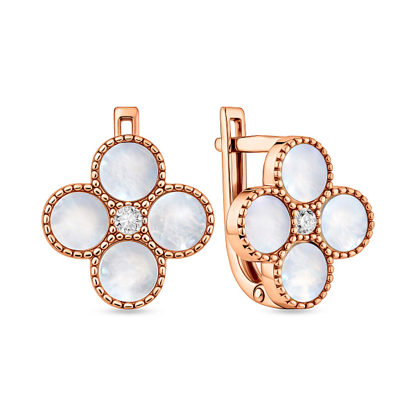 Золотые серьги Клевер с перламутром и фианитами (арт. 111202п) – изображение 1