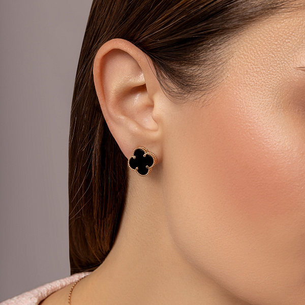 Золотые серьги Клевер с ониксом (арт. 1101201/12о) – изображение 2