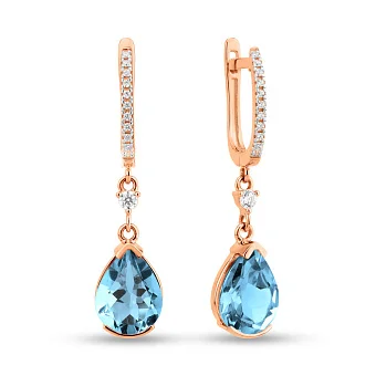 Золоті сережки-підвіски з топазом та фіанітами (арт. 110222Птг)