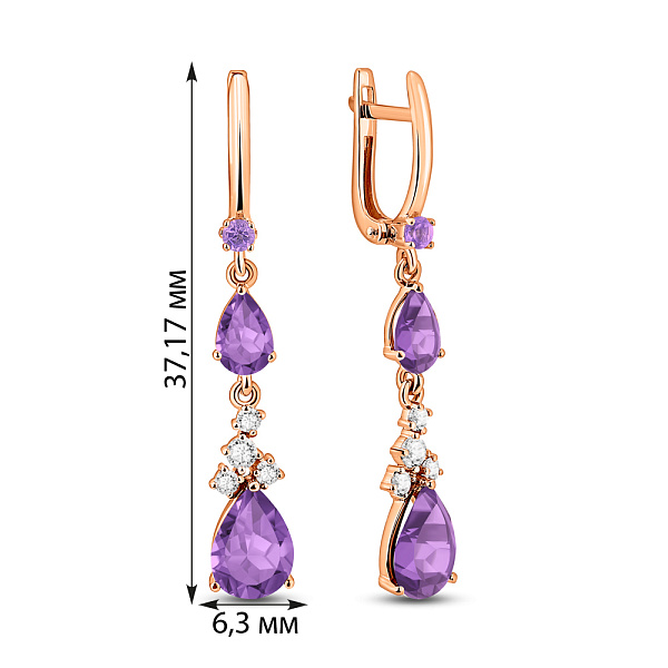 Сережки-подвески из красного золота с аметистом (арт. 111119Паф) – изображение 3