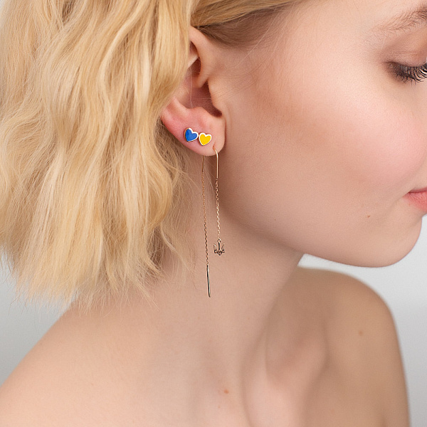Серьги-пусеты из золота "Сердечки" с синей и желтой эмалью (арт. 111201есж) – изображение 3