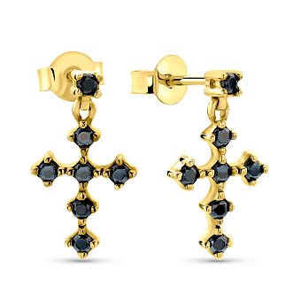 Фото Серьги-пусеты из желтого золота с черными фианитами  (арт. 104093жч)