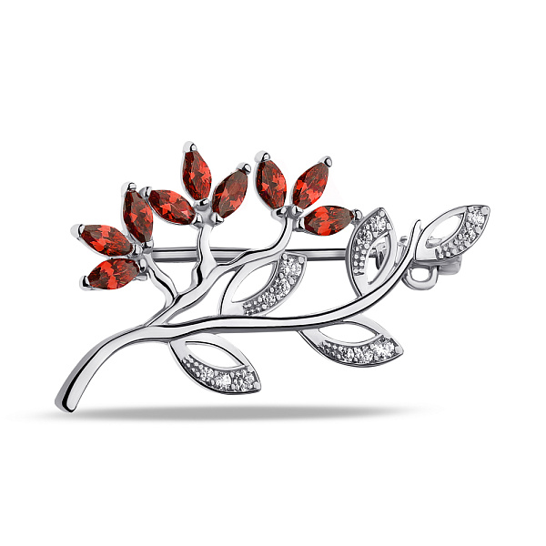 Срібна брошка з гранатами і фіанітами (арт. 7505/660Гбп) – зображення 1