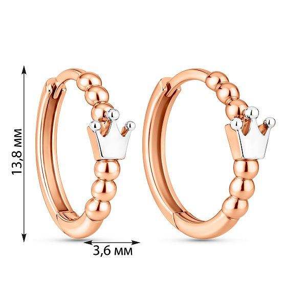 Сережки-кільця з червоного золота Корона без каміння (арт. 111189) – зображення 6