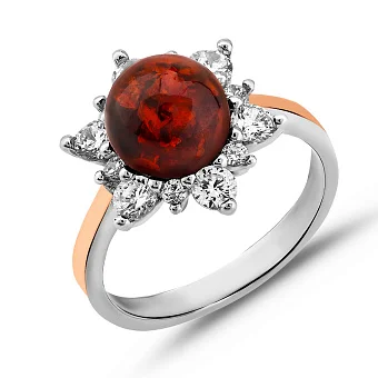 Срібна каблучка з бурштином  і фіанітами (арт. 7201/933ЯК)