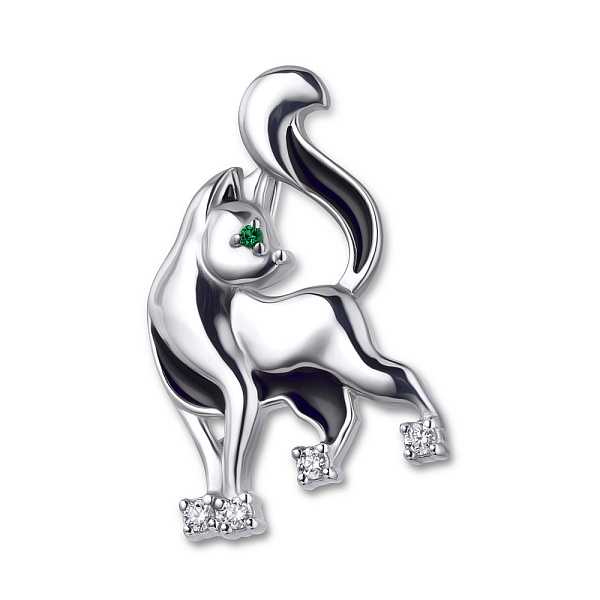 Серебряная брошь «Котенок» с эмалью и фианитами (арт. 7505/7119реч) – изображение 1