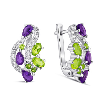 Серебрянные серьги з фианитом, аметистом и хризолитом (арт. 7502/2194262АХрз)
