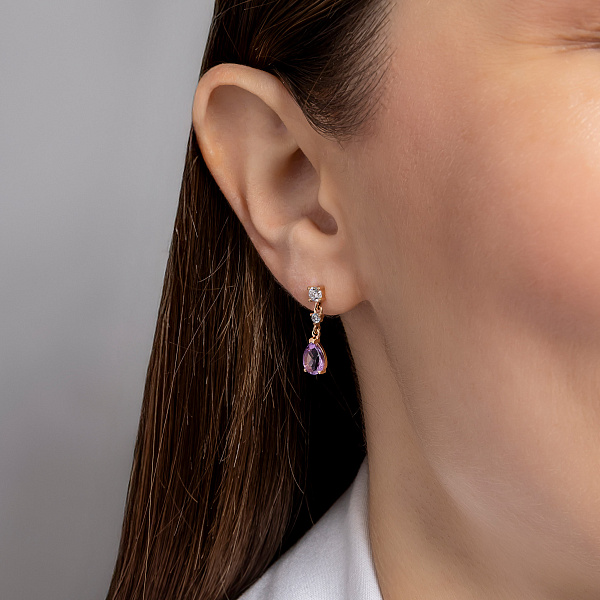 Золотые серьги-подвески с аметистом и фианитами (арт. 1101149Па) – изображение 2