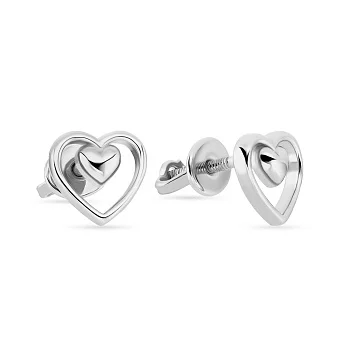Серьги-пусеты «Сердечки» из белого золота (арт. 107218б)