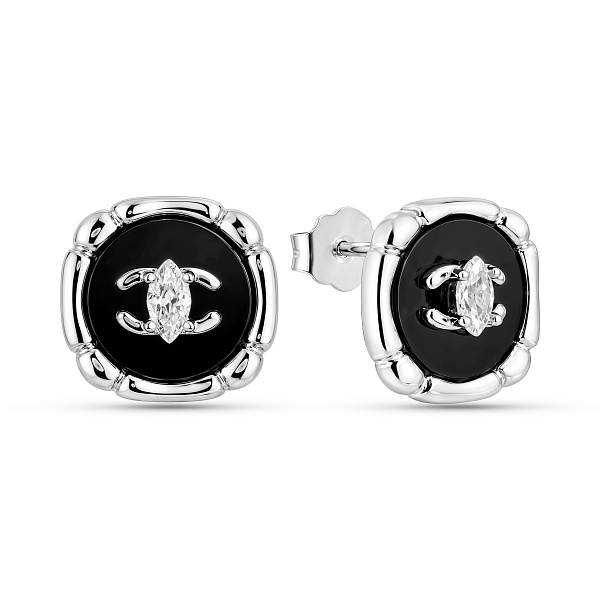 Серебряные пусеты с ониксом и фианитом (арт. 7518/7259о) – изображение 1