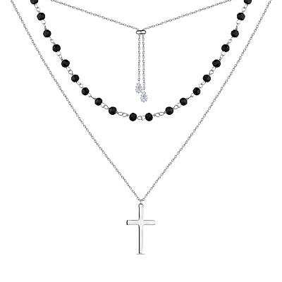 Подвійне кольє зі срібла "Хрестик" з оніксом  (арт. 7507/1457о)
