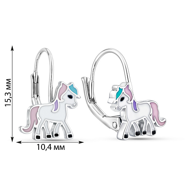 Серебряные детские серьги Единорог с эмалью (арт. 7502/10270е) – изображение 2