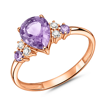 Фото Каблучка з червоного золота з аметистом і фіанітами (арт. 141119Паф)
