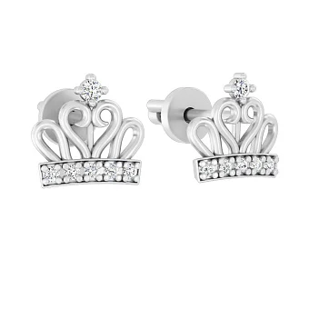 Серьги-пусеты Корона из белого золота с фианитами (арт. 110589б)