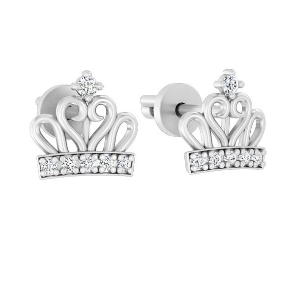 Серьги-пусеты Корона из белого золота с фианитами (арт. 110589б) – изображение 1