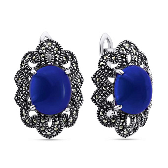 Фото Сережки зі срібла з оніксом і марказитами (арт. 7402/3751мркос)