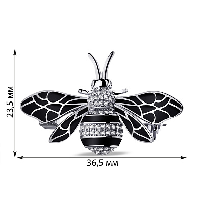 Срібна брошка з чорною емаллю та фіанітами (арт. 7505/184еч)