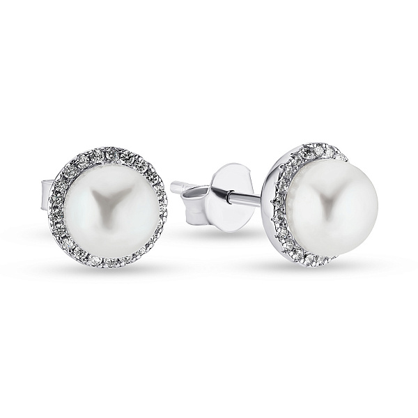 Серебряные пусеты с жемчугом и фианитами (арт. 7518/5507жб) – изображение 1