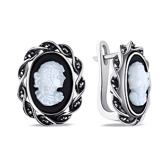 Фото Срібні сережки з перламутром і оніксом (арт. 7402/9140мркоп)