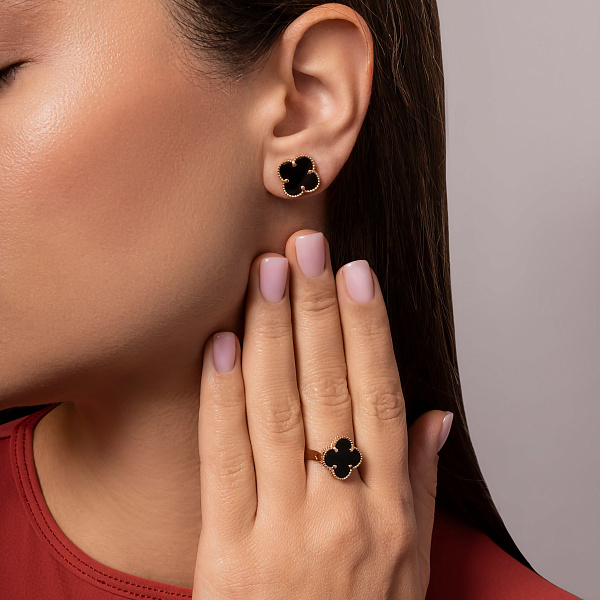 Золотое кольцо Клевер с ониксом (арт. 141439/12о) – изображение 4