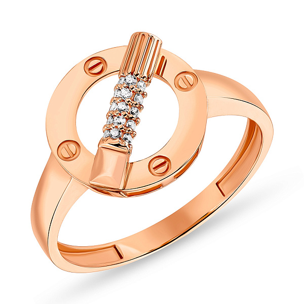 Золота каблучка в червоному кольорі металу з фіанітами (арт. 155272) – зображення 1