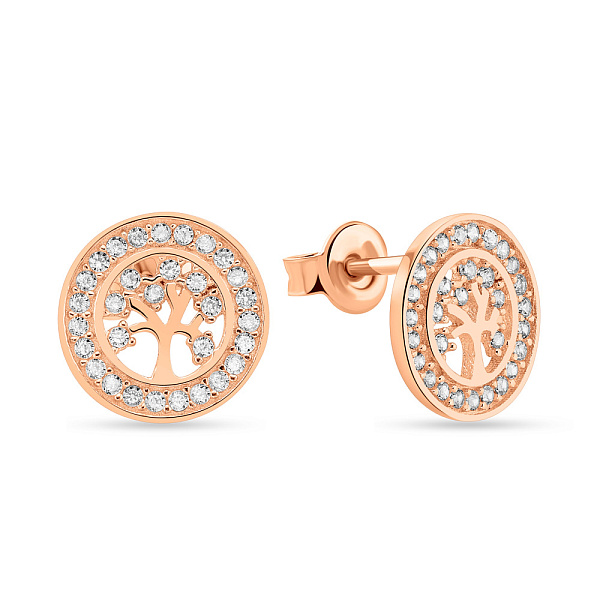Золотые серьги-пусеты "Дерево жизни" с фианитами (арт. 108776) – изображение 1