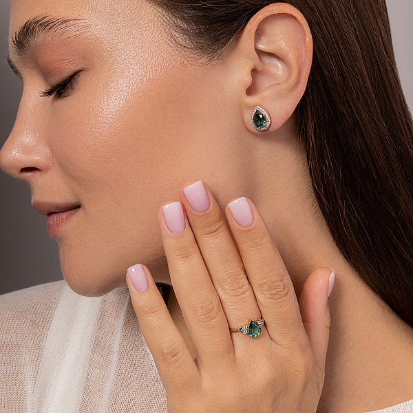 Каблучка з червоного золота з зеленим кварцом і фіанітами (арт. 141119Пзф) – зображення 4