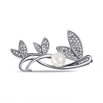 Серебряная брошь с жемчужиной и фианитами (арт. 7505/БР2ФЖ/046)