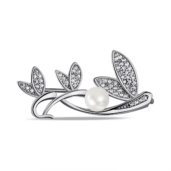 Срібна брошка з перлиною та фіанітами (арт. 7505/БР2ФЖ/046)