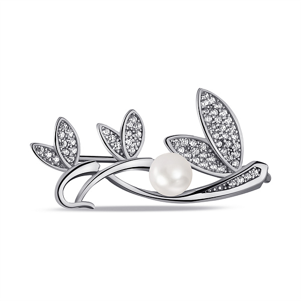 Срібна брошка з перлиною та фіанітами (арт. 7505/БР2ФЖ/046) – зображення 1