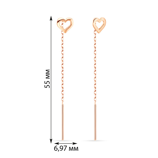 Золоті сережки-протяжки «Сердечка» в червоному  кольорі металу (арт. 106547) – зображення 2