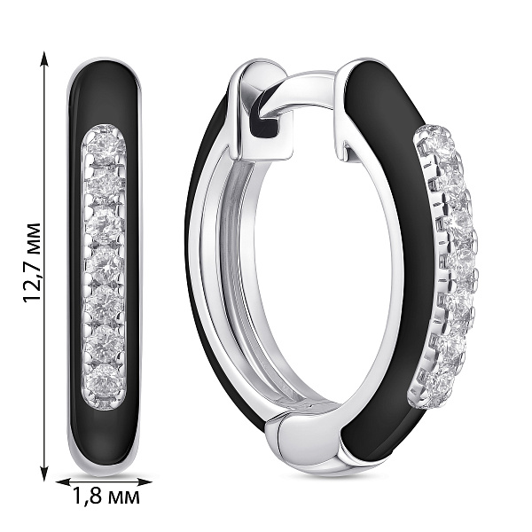 Сережки-кільця з фіанітами та чорною емаллю (арт. 7502/10077/10еч) – зображення 2