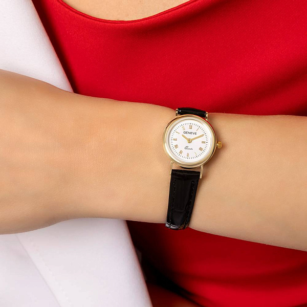 Золотий годинник зі шкіряним ремінцем (арт. 260235жбч) – зображення 3