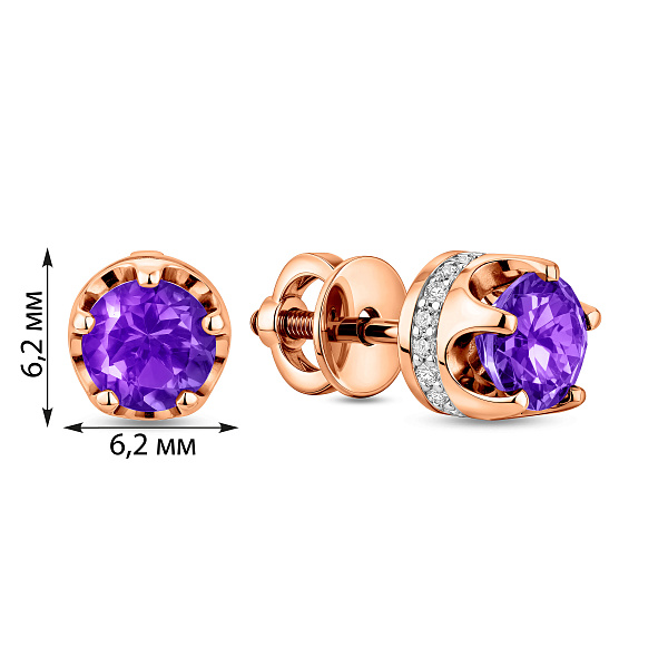 Золоті сережки-пусети з аметистом і фіанітами (арт. 111090Па) – зображення 2
