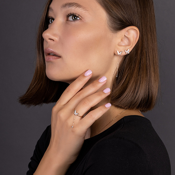 Золотые серьги-пусеты Бабочки с фианитами и эмалью (арт. 110972еп) – изображение 5