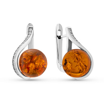 Срібні сережки з бурштином і фіанітами (арт. 7502/1076ЯС)