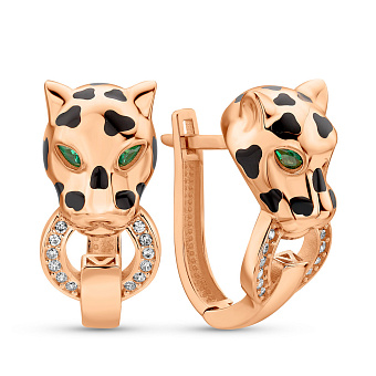 Золотые серьги Пантера с эмалью и фианитами (арт. 1091378еч)