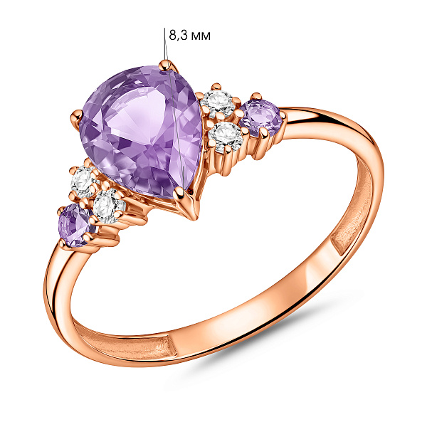 Каблучка з червоного золота з аметистом і фіанітами (арт. 141119Паф) – зображення 3