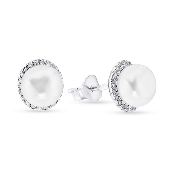 Серебряные серьги пусеты с жемчугом и фианитами (арт. 7518/5254жб) – изображение 1