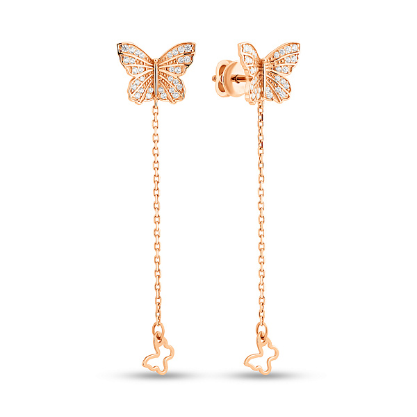 Золотые серьги-пусеты Бабочки с подвесками (арт. 111222) – изображение 1