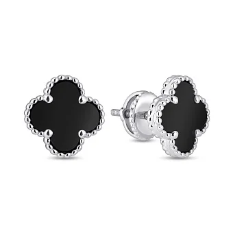 Серебряные серьги Клевер с ониксом (арт. 7518/2183761/9о)
