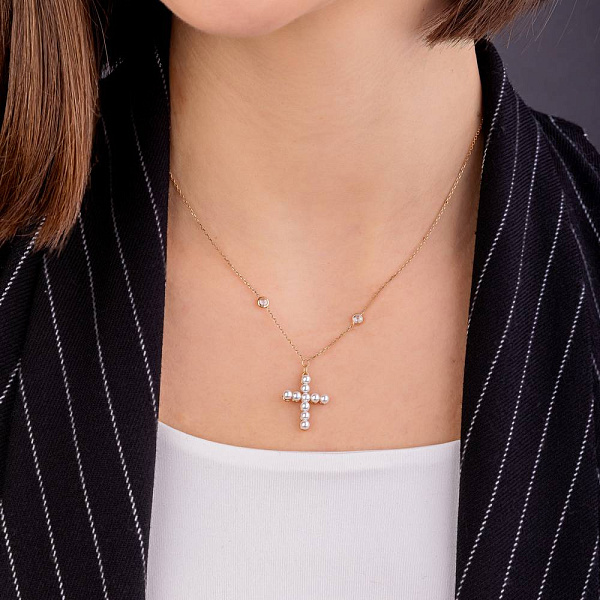 Золотое колье с жемчугом и фианитами (арт. 352605прлб) – изображение 3