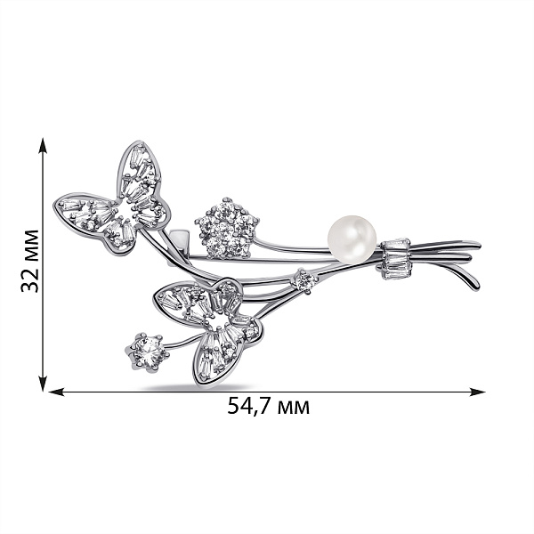 Срібна брошка Метелики з перлиною і фіанітами (арт. 7505/222жб) – зображення 2