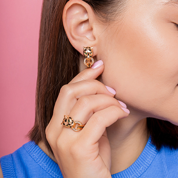 Золотое кольцо Пантера с эмалью и фианитами (арт. 156309еч) – изображение 4