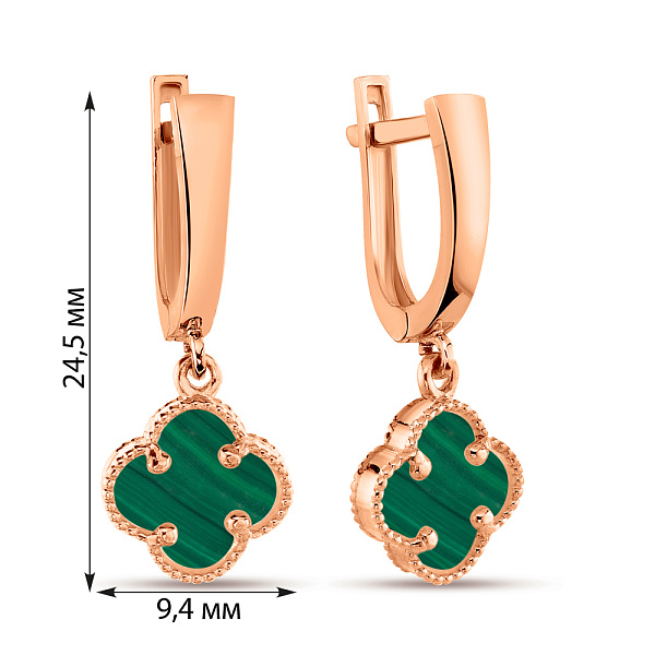 Золоті сережки-підвіски Клевер з малахітом (арт. 108596/10млх) – зображення 2