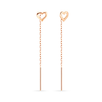 Золотые серьги-протяжки «Сердечки» в красном цвете металла (арт. 106547)