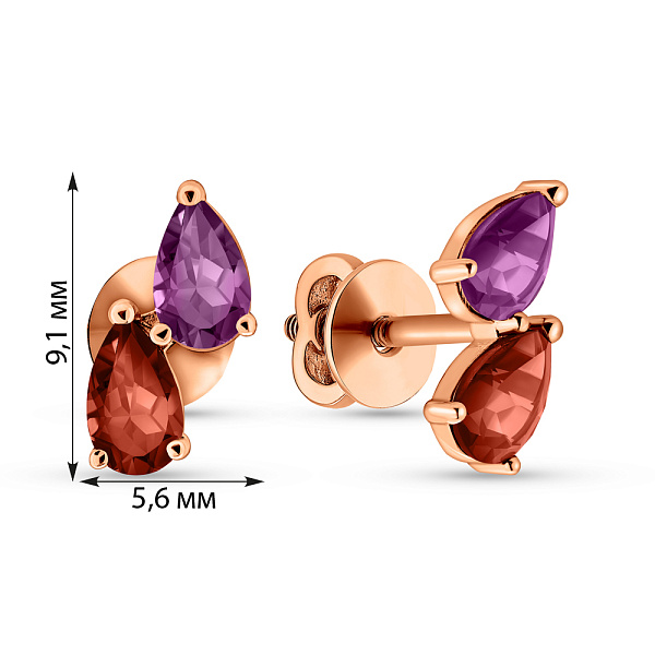 Сережки-пусети з червоного золота з гранатом і аметистом (арт. 111234Пкгр) – зображення 4