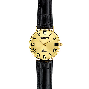 Золотые кварцевые часы с кожаным ремешком (арт. 260295жжч)